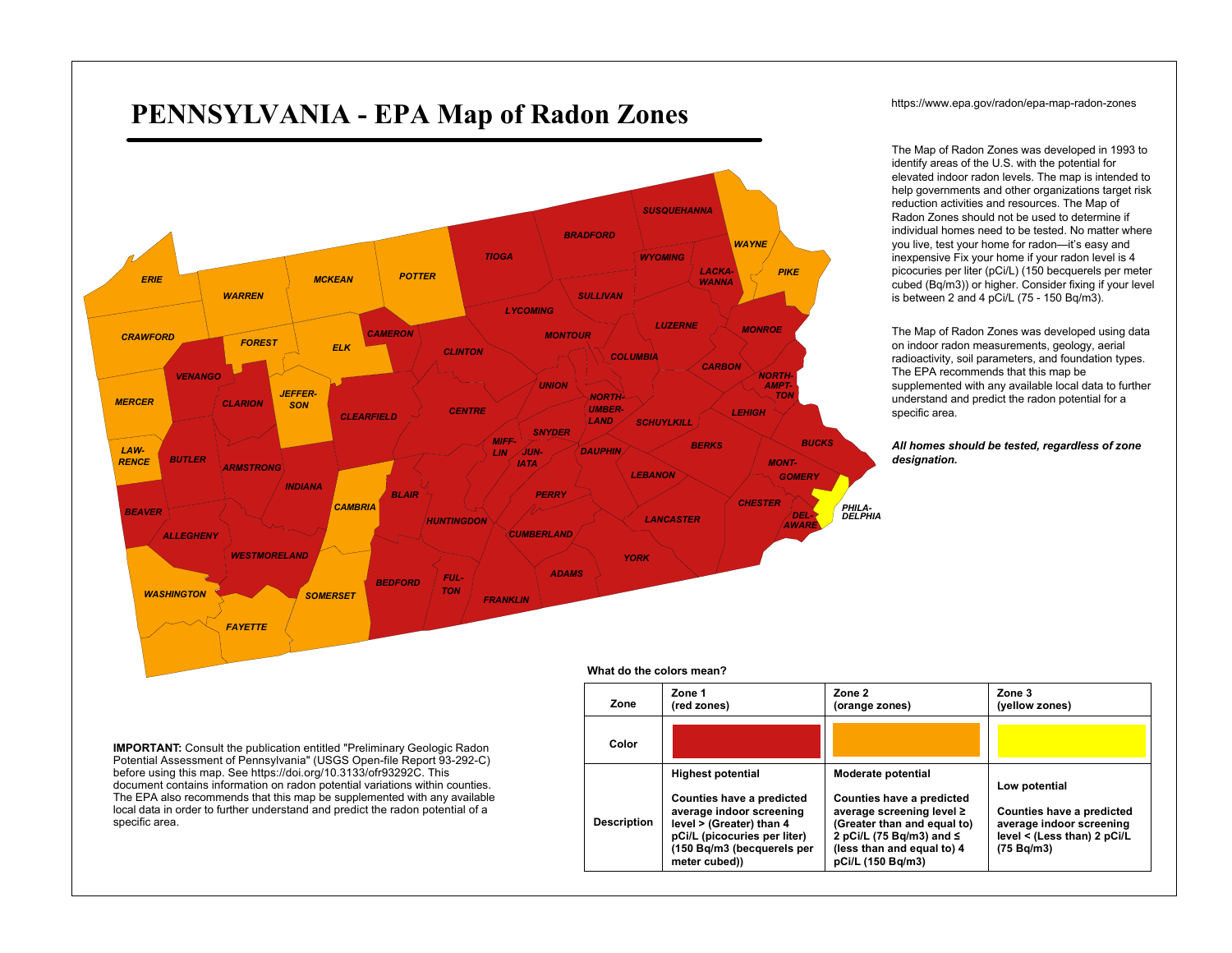 Official EPA Pennsylvania radon map showing county boundaries and Zones 1, 2 and 3